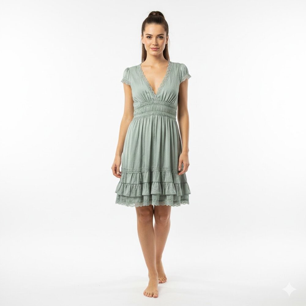 Phenomena sage mint green lace trim tiered mini dress NWT